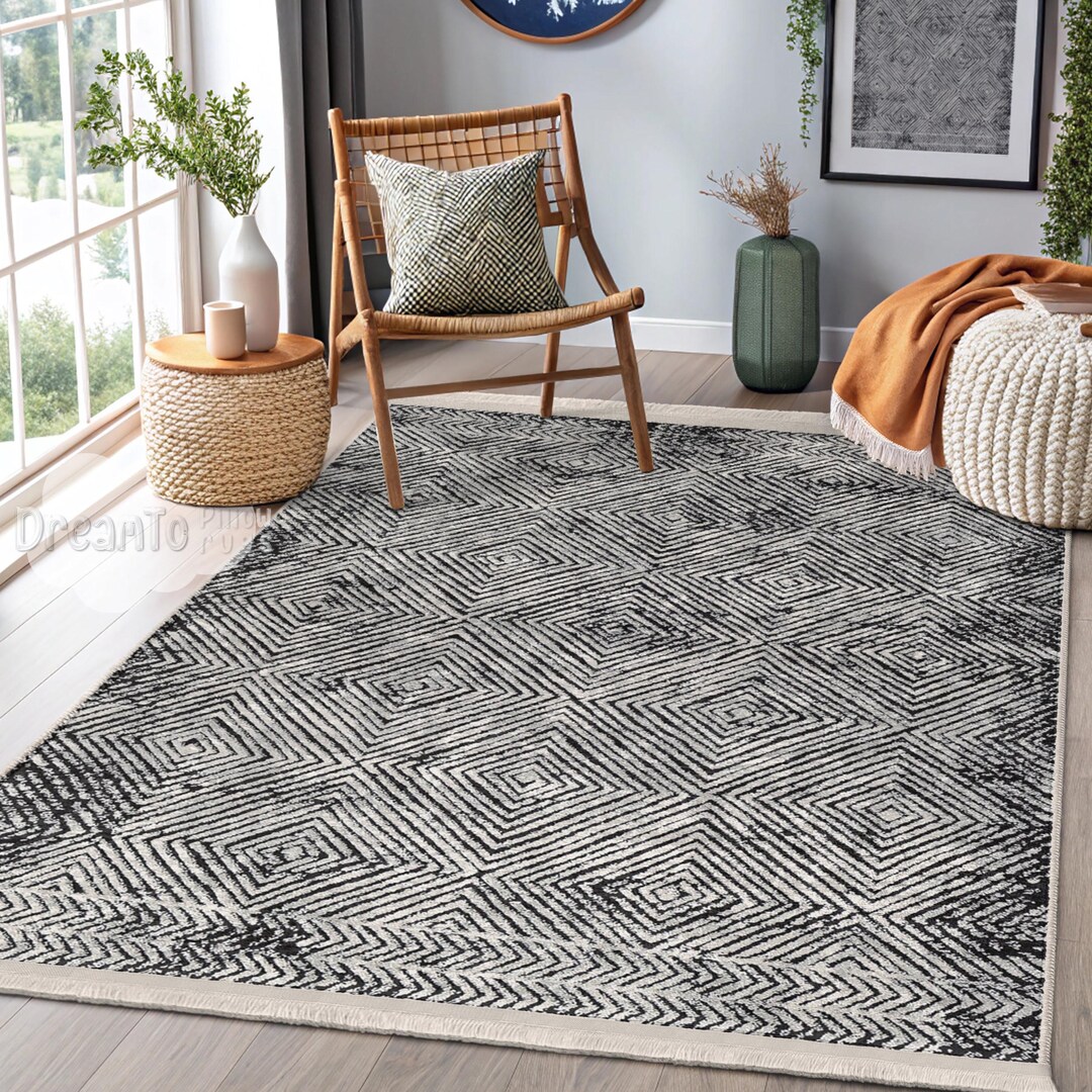 Modern Geometric Black White Diamond Area Rug-chic Concentric Squares ...
