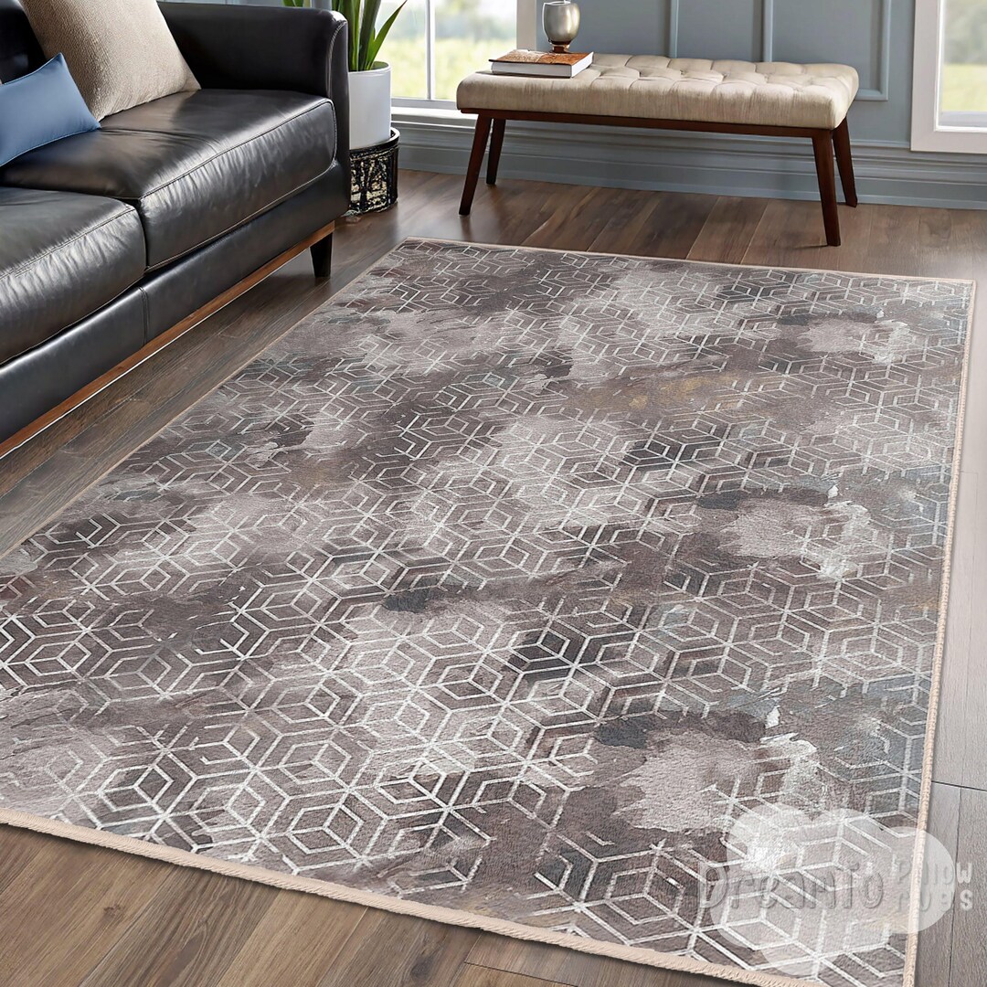 Modern Geometric Cube Brown Area Rug-elegant Abstract Watercolor ...