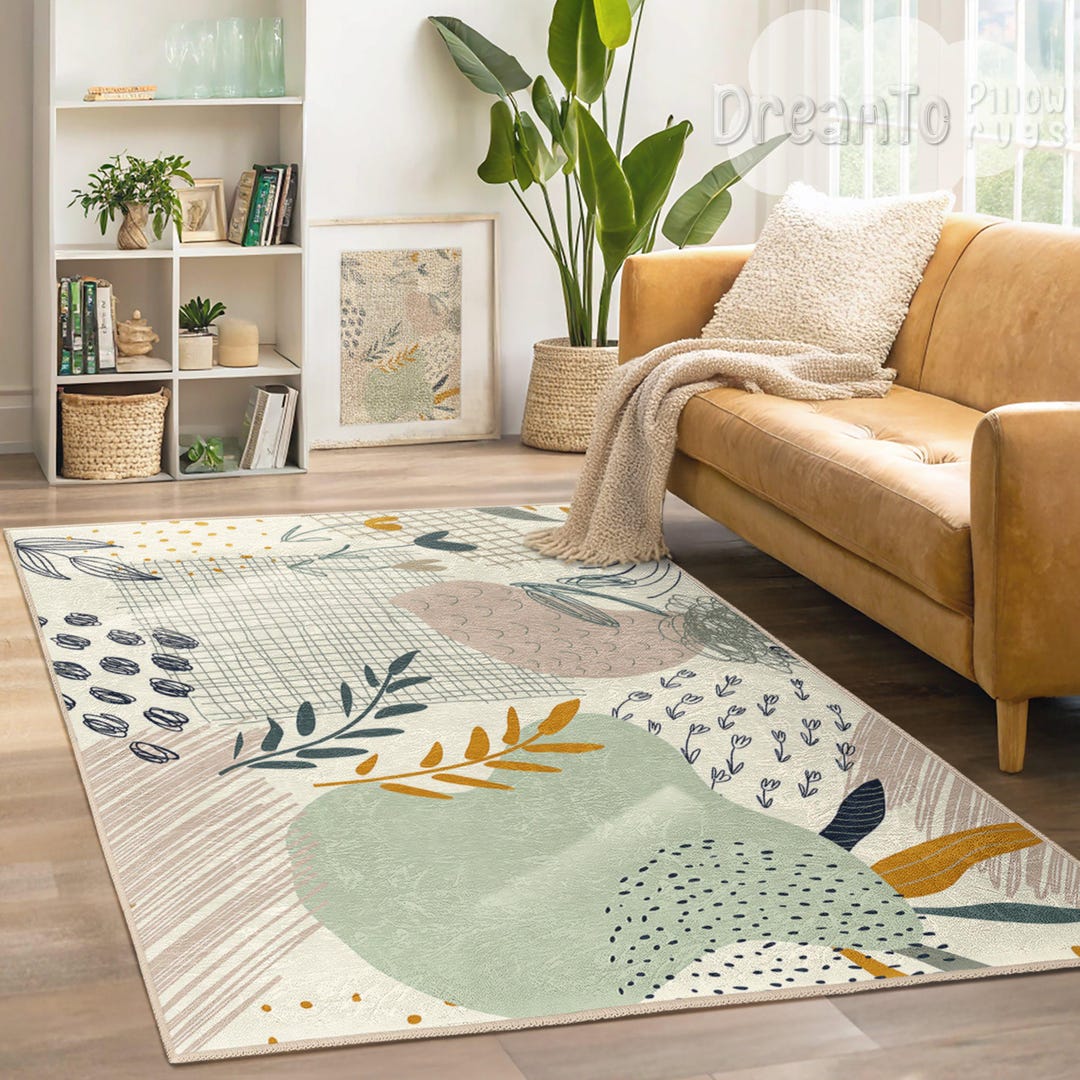 Abstract Botanical Grid Area Rug-minimalist Mustard Sage Organic Beige ...