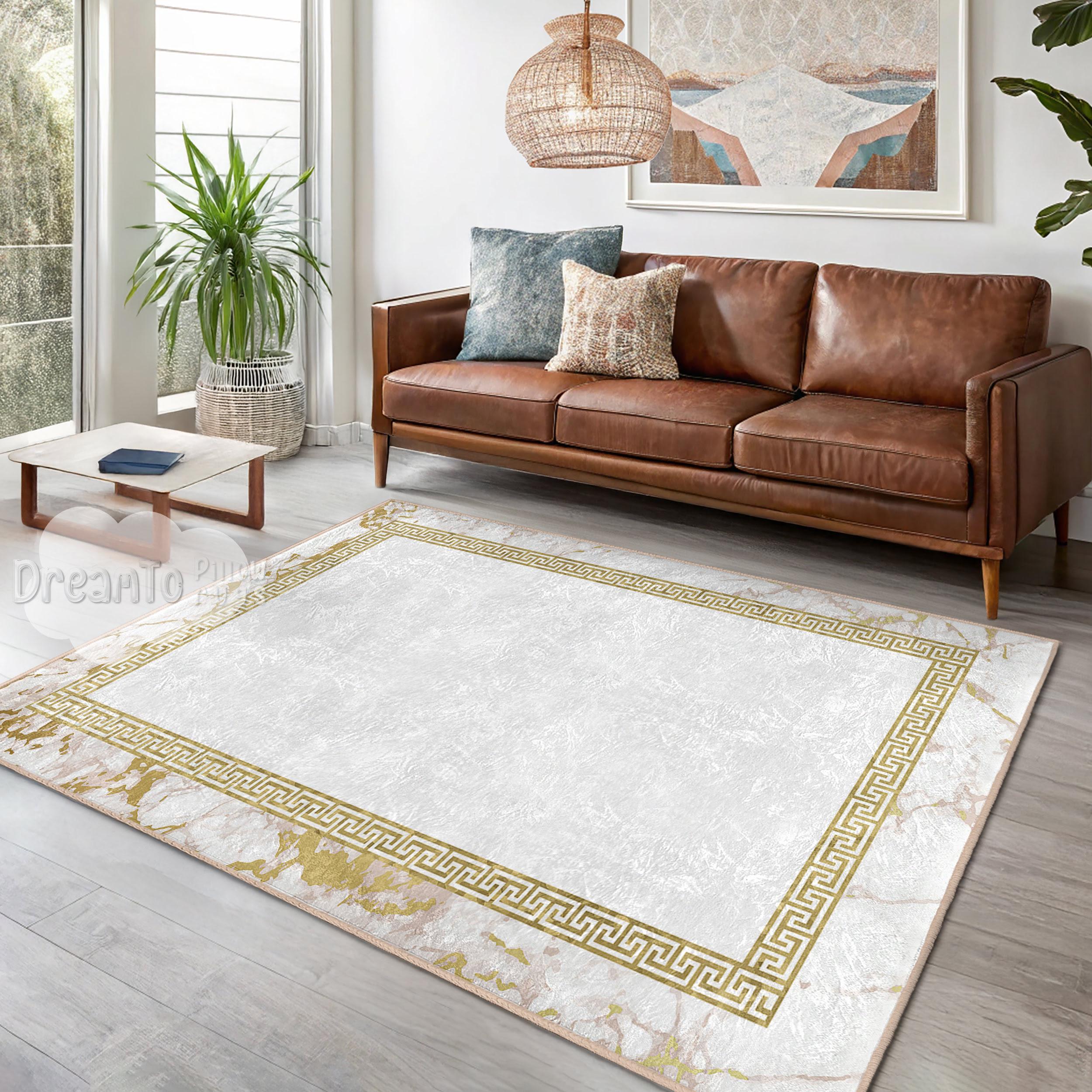 Greek Key Marble Frame Gold Area Rug-elegant Meander Border Accent ...