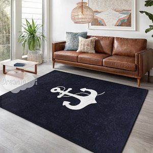 Nautical Anchor Navy Blue Area Rug-Minimalist Maritime Coastal Decor-Ship Seafarer Rope Boating Theme-Deep Ocean Blue Rug