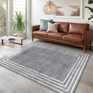 Modern Triple Border Gray Area Rug-Elegant Minimalist Silver Framed-Light Charcoal Rectangle Mat- Neutral Geometric Runner