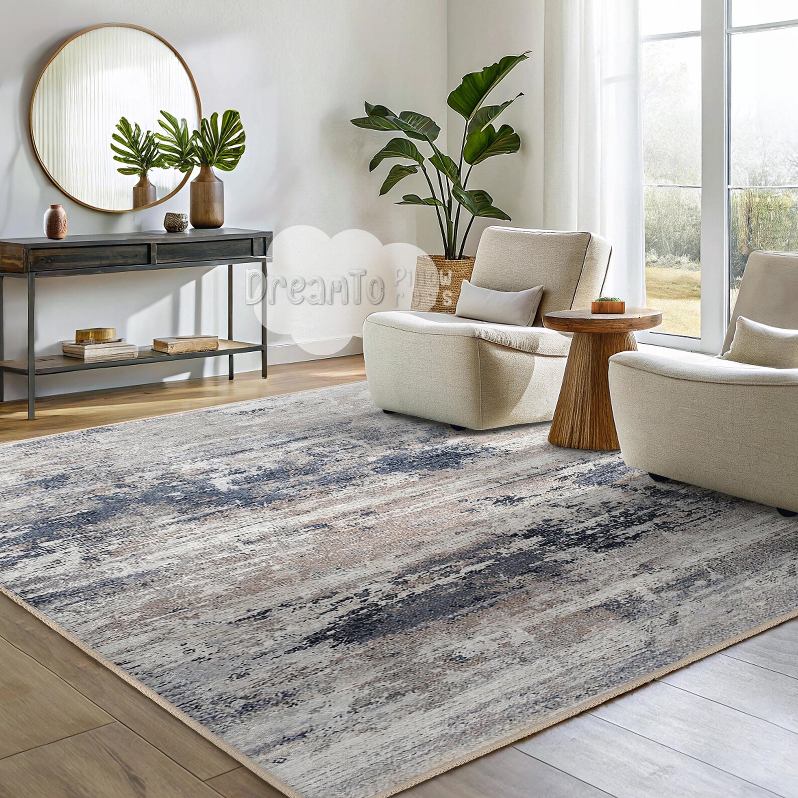 Abstract Blue Beige Area Rug- Watercolor Washed Look-navy Gray Stylish ...