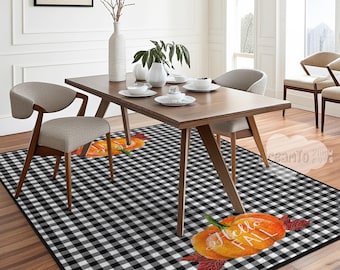 Buffalo Check Orange Pumpkin Area Rug-Farmhouse Fall Harvest Carpet-Rustic Autumn Decor Mat-Seasonal Kitchen Thanksgiving Runner