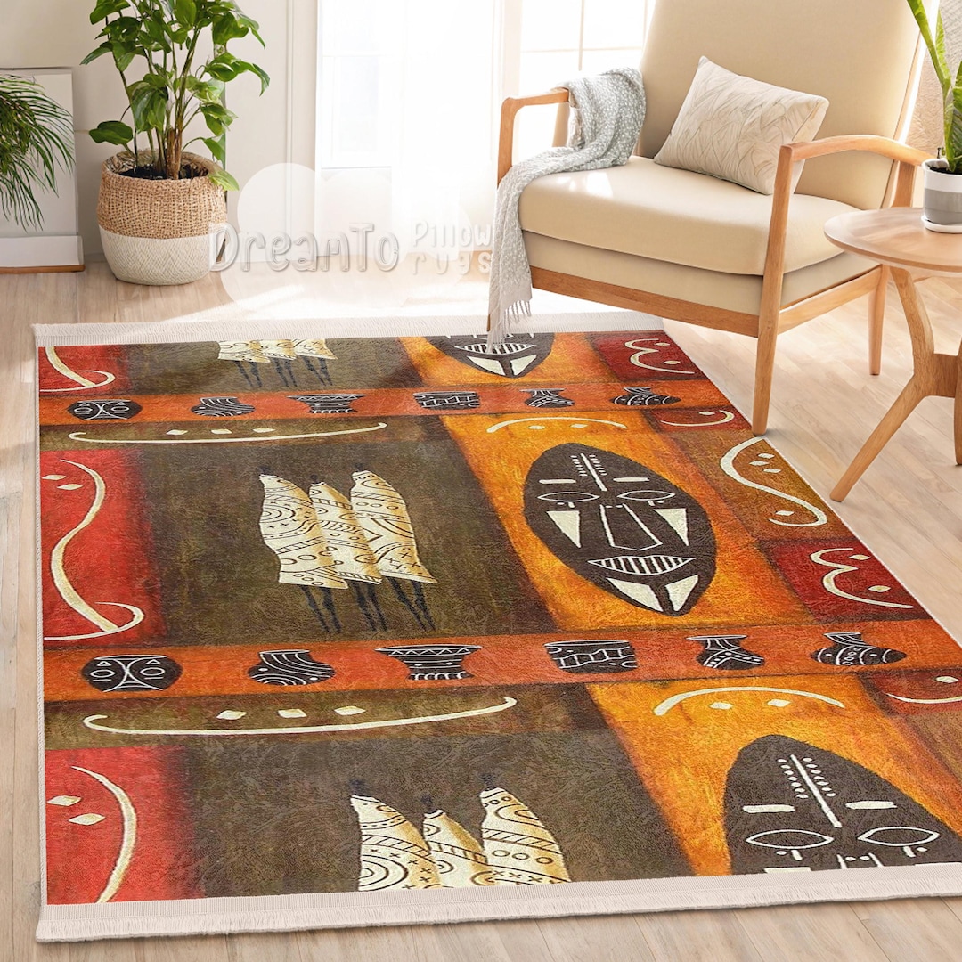 Rasist Rug African Tribal Masks Brown Area Rug-warm Orange Ethnic Pottery-abstract ...