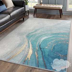 Turquoise Ocean Wave Area Rug,Gold Metallic Abstract Decor,Tranquil Blue Gradient Artwork,Elegant Aqua Marble Runner