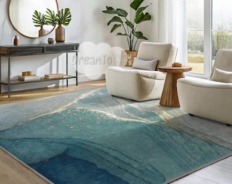 Turquoise Ocean Marble Abstract Area Rug,Elegant Coastal Aqua Decor,Golden Veined Watercolor Interior Mat,Teal Beach Inspired Runner