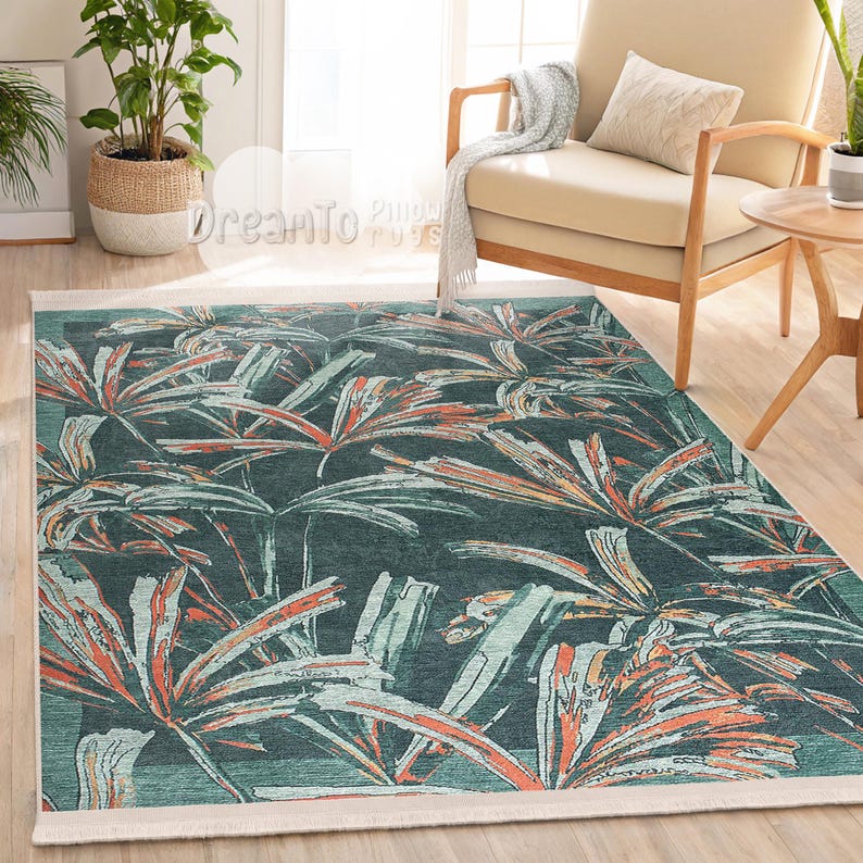 Tropical Palm Fronds Dark Teal Area Rug,exotic Coral Orange Botanical ...