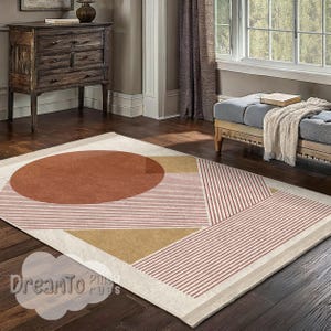 Minimalist Terracotta Circle Geometric Area Rug-Modern Brown Striped Home Decor-Abstract Rust Accent Carpet-Boho Earthy Tones Runner