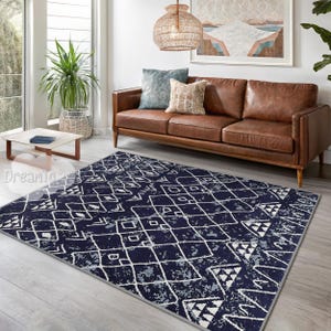 Navy Boho Geometric Diamond Tribal Area Rug-Indigo Moroccan Triangles Accent Carpet-Dark Blue Ethnic Rugs- Runner