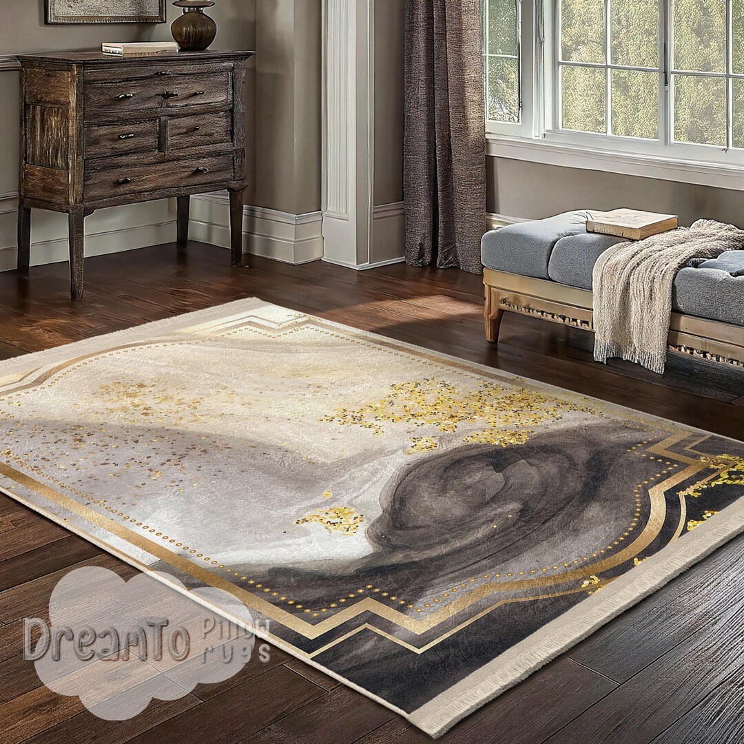 Deep Gold Throw Rug Elegant Marble Gold Accent Area Rug-beige Modern Artistic Home Decor ...
