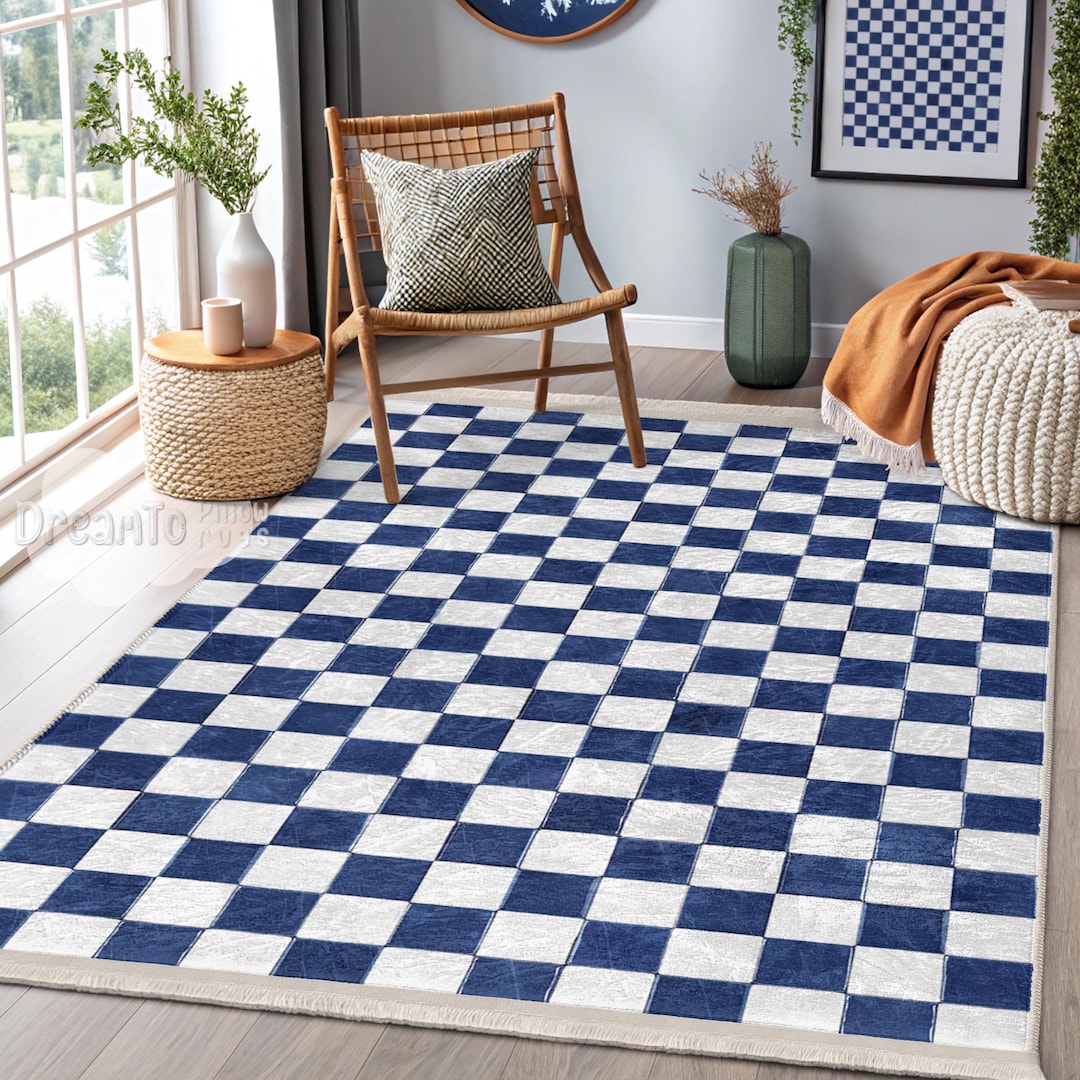 Checkered Navy Blue White Area Rug-deep Geometric Checkboard Chess ...