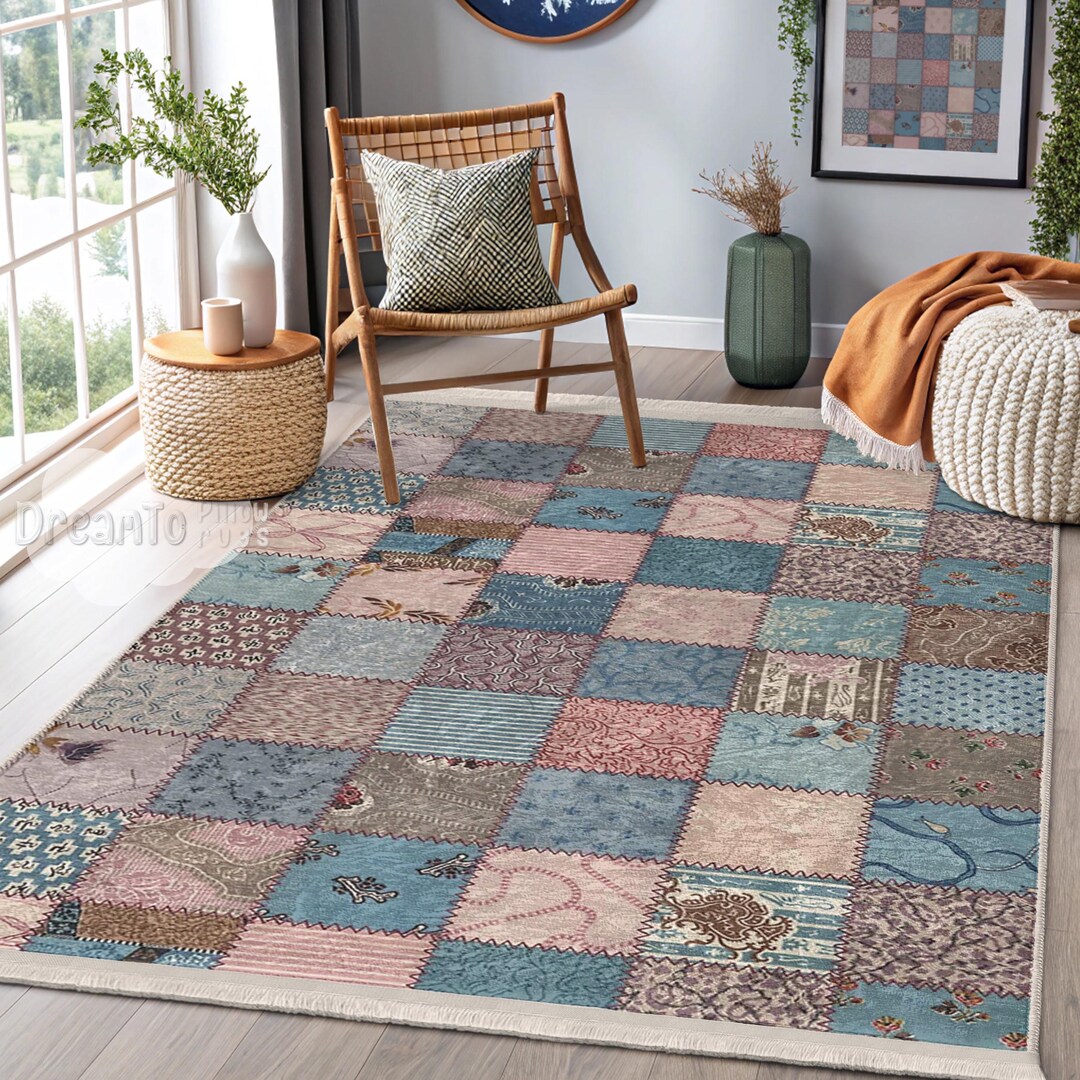 Patchwork Quilt Inspired Area Rug-pastel Blue Pink Squares Accent ...