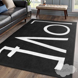 Minimalist Black White Typography Area Rug-Bold Graphic Statement Accent-Text Art Runner-Stylish Monochromatic Rug-Contrasting Letter Mat