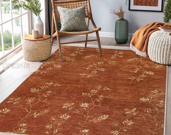 Organic Botanical Branch Copper Area Rug-Rustic Golden Vine Accent Carpet-Modern Terracotta Leafy Foliage Runner-Warm Nature Inspired Rugs