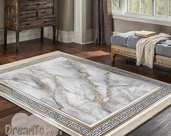 Luxurious Greek Key Marble Gold Area Rug-Elegant Gray Veined Accent Carpet-Golden Streaked Decorative Washable Rug-Minimalist Runner