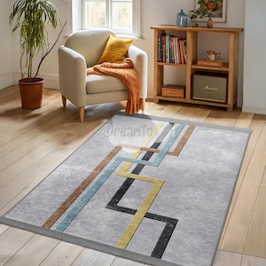 Modern Geometric Yellow Brown Lines Area Rug-Abstract Teal Stripes Mid-Century Runner- Light Silver Mat-Stylish Intersecting Shapes Rug