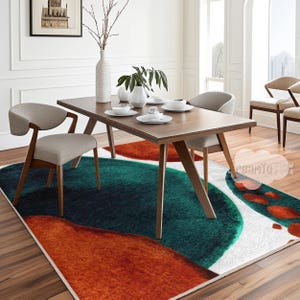 Abstract Green Teal Orange Circular Area Rug-Mid-Country Geometric Carpet-Artistic Rust Watercolor Blend Mat-Teal Curved Shapes Runner