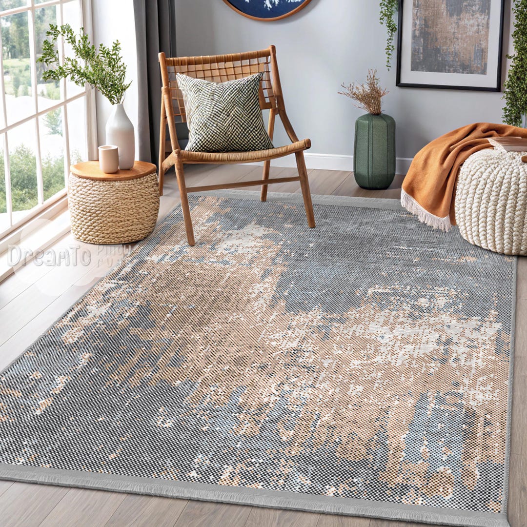 Blue Grey Abstract Distressed Area Rug-coastal Modern Farmhouse Decor ...