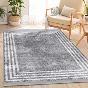 Modern Border Striped Gray Area Rug-Minimalist Multi-Layered Geometric Accent-Abstract Living Room Runner-Stylish Neutral Frame Mat