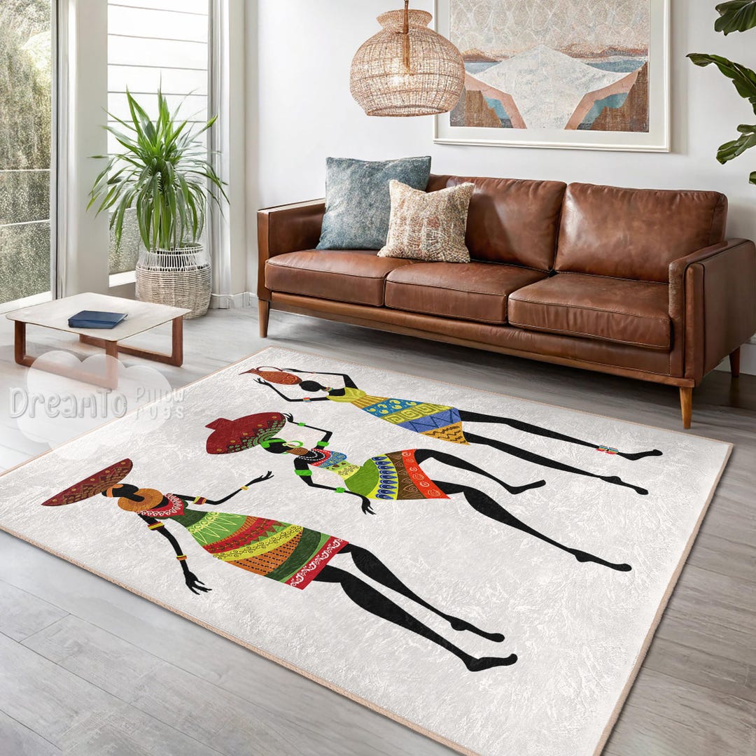 African Tribal Dancers Colorful Area Rug, Ethnic Silhouettes Accent ...