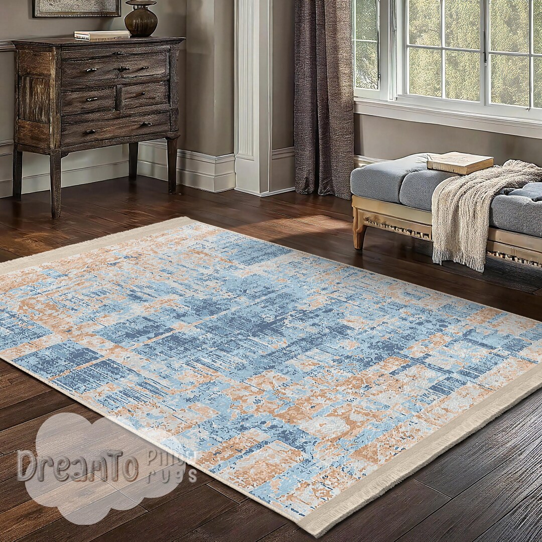Peach Abstract Rug Modern Abstract Blue Peach Area Rug-elegant Coastal Decor-light Pastel ...