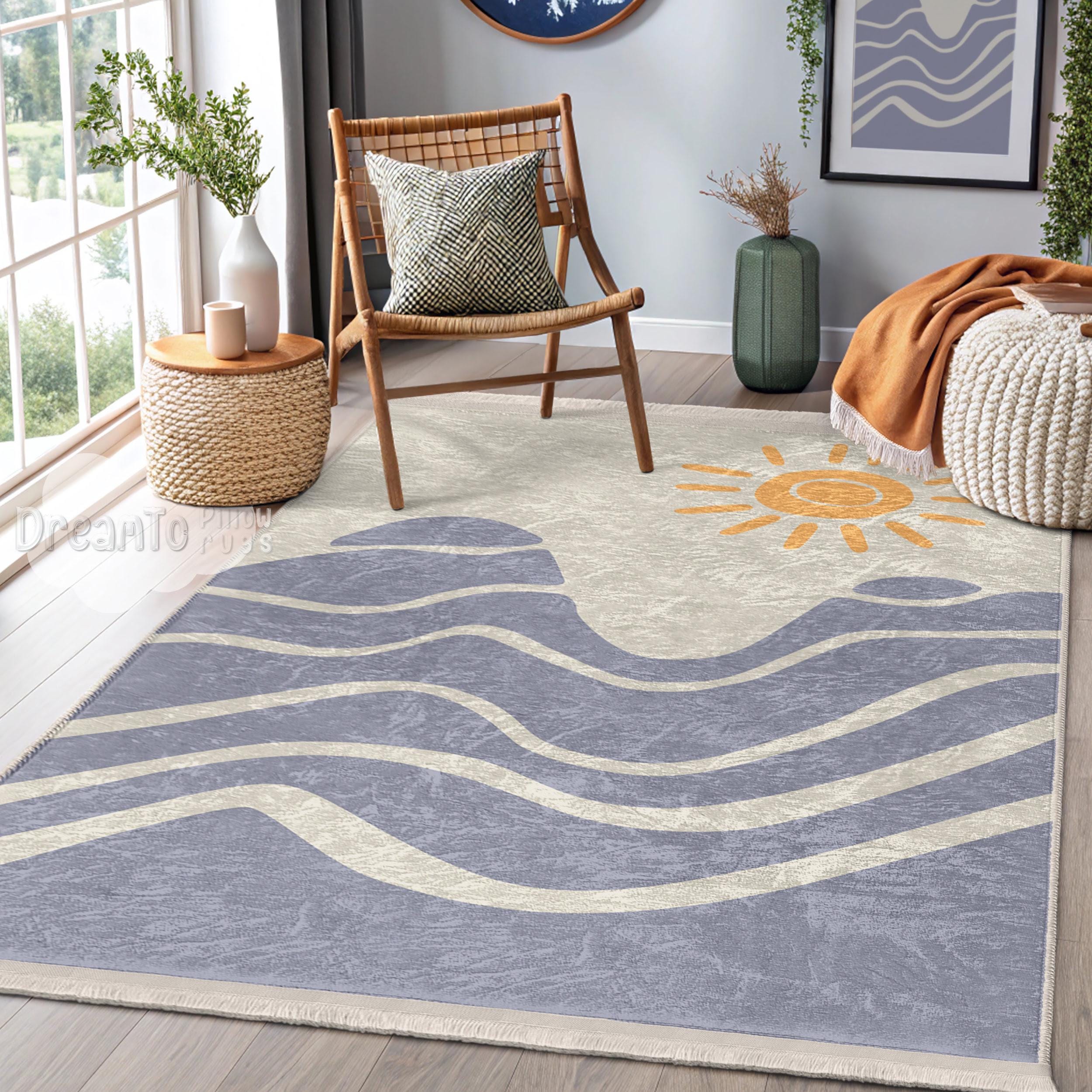 Minimalist Sun Ocean Waves Area Rug-Purple Gray Coastal Decor Accent-Aesthetic Beach Illustration Mat-Modern Lavender Vibrant Art Runner
