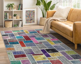Colorful Patchwork Geometric Modern Area Rug-Vibrant Multi-Color Rectangle Accent Carpet-Unique Decorative Mat-Bohemian Artistic Throw Mat