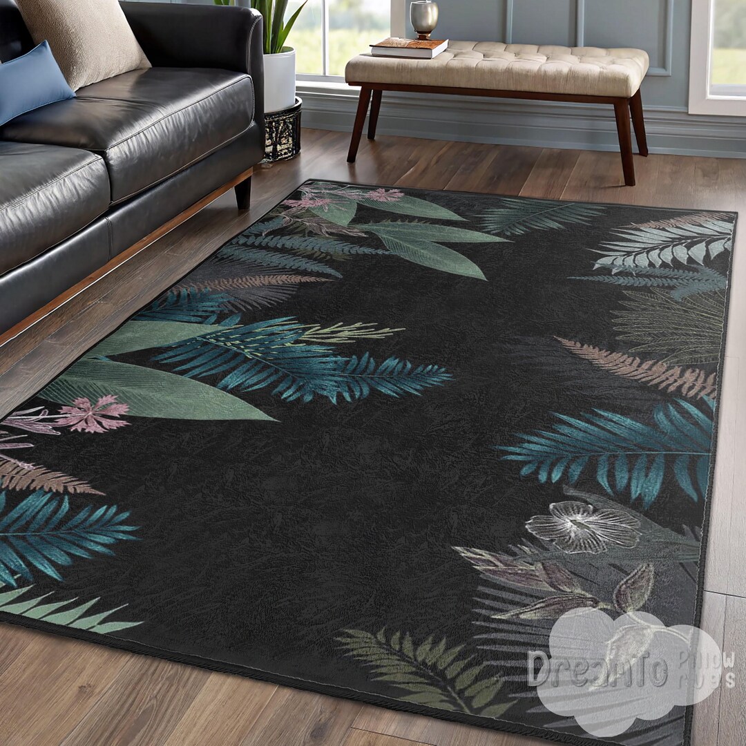 Tropical Leafy Forest Black Area Rug-elegant Botanical Leaves Decor ...