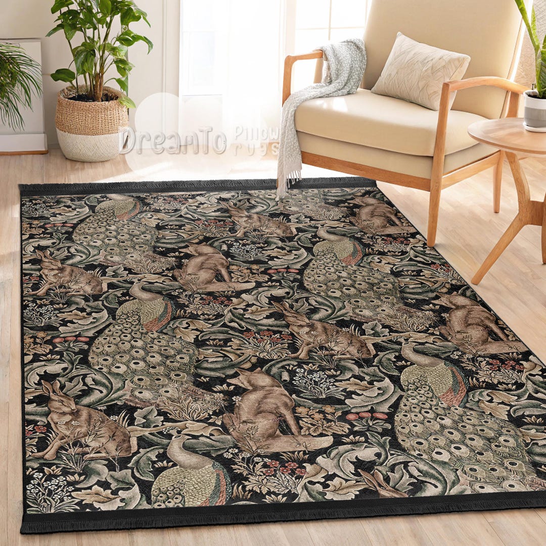 Wild Forever Rug Woodland Peacock Forest Wildlife Area Rug-elegant Green Fauna Floral ...