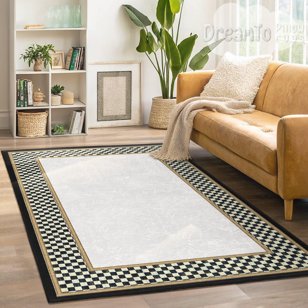 Elegant Black White Checkered Area Rug-decorative Geometric Bordered ...