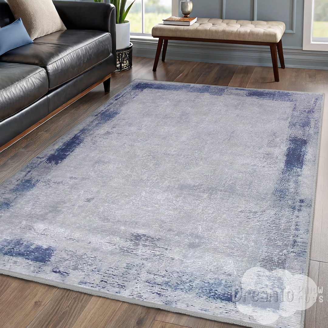 Distressed Blue Border Abstract Area Rug-faded Light Indigo Textured ...