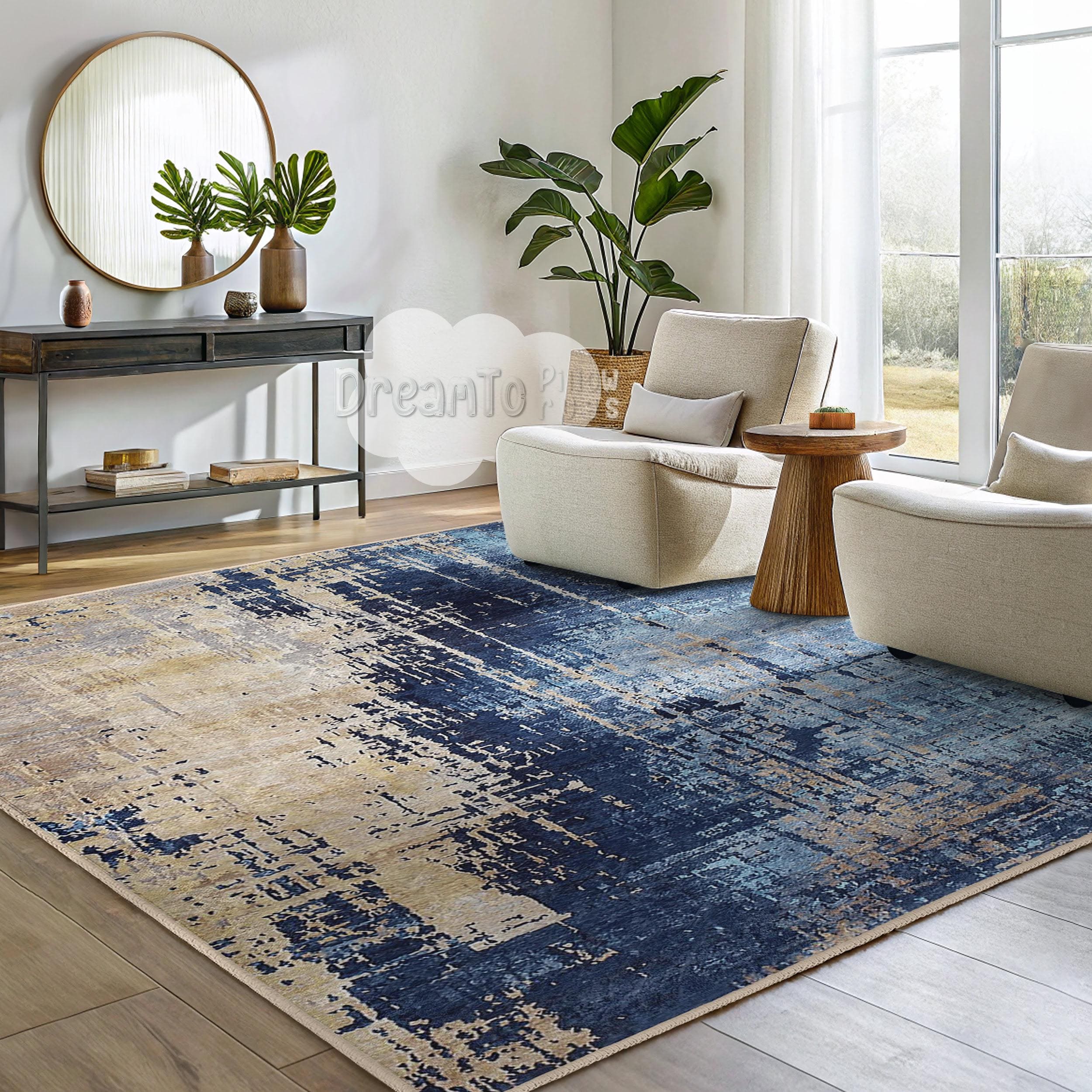 Modern Abstract Navy Gold Area Rug-elegant Brushstroke Blue Decor ...