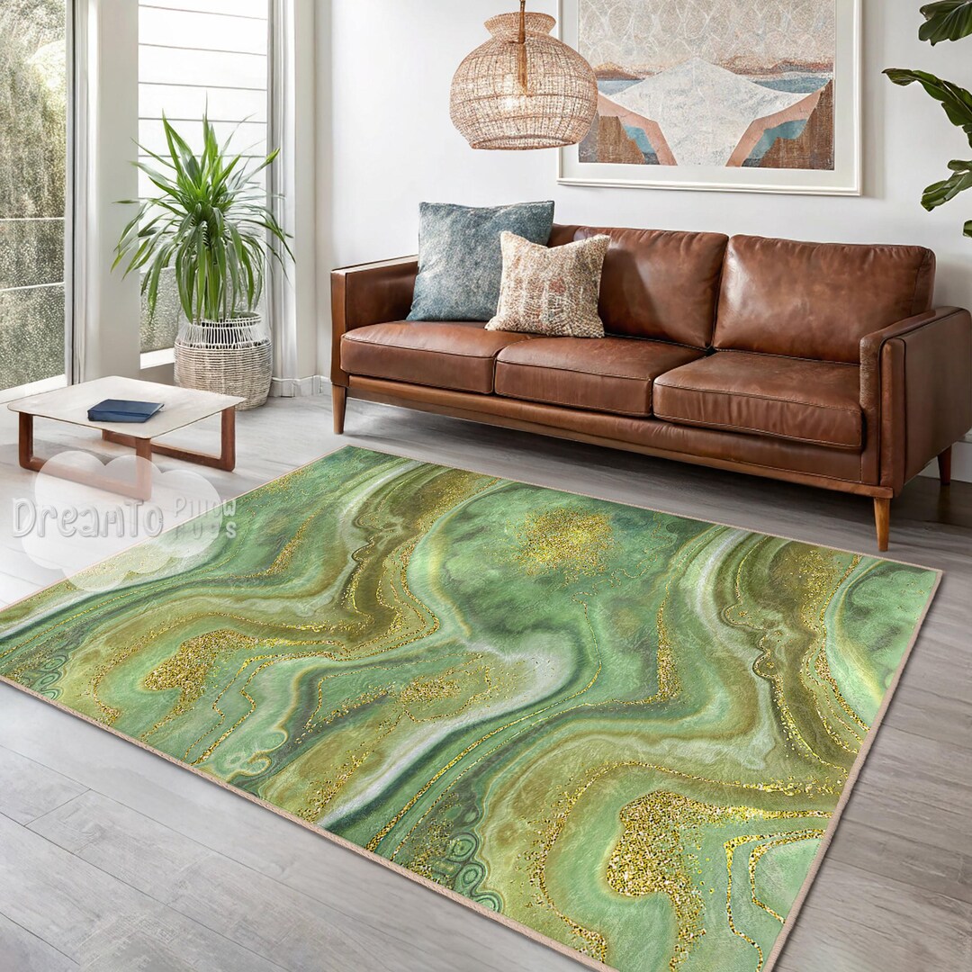 Gold Geode Rug Elegant Green Marble Gold Accent Area Rug, Stylish Agate Abstract Home ...