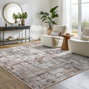 Stone Tile Mosaic Area Rug- Beige Weathered Blocks-Faded Gray Antique Texture Runner-Rustic Limestone Abstract Art Mat