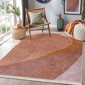 Abstract Terracotta Watercolor Curves Area Rug-Warm Earthy Desert Tones Mat-Modern Minimalist Geometric Runner- Blush Pink Washable Rug