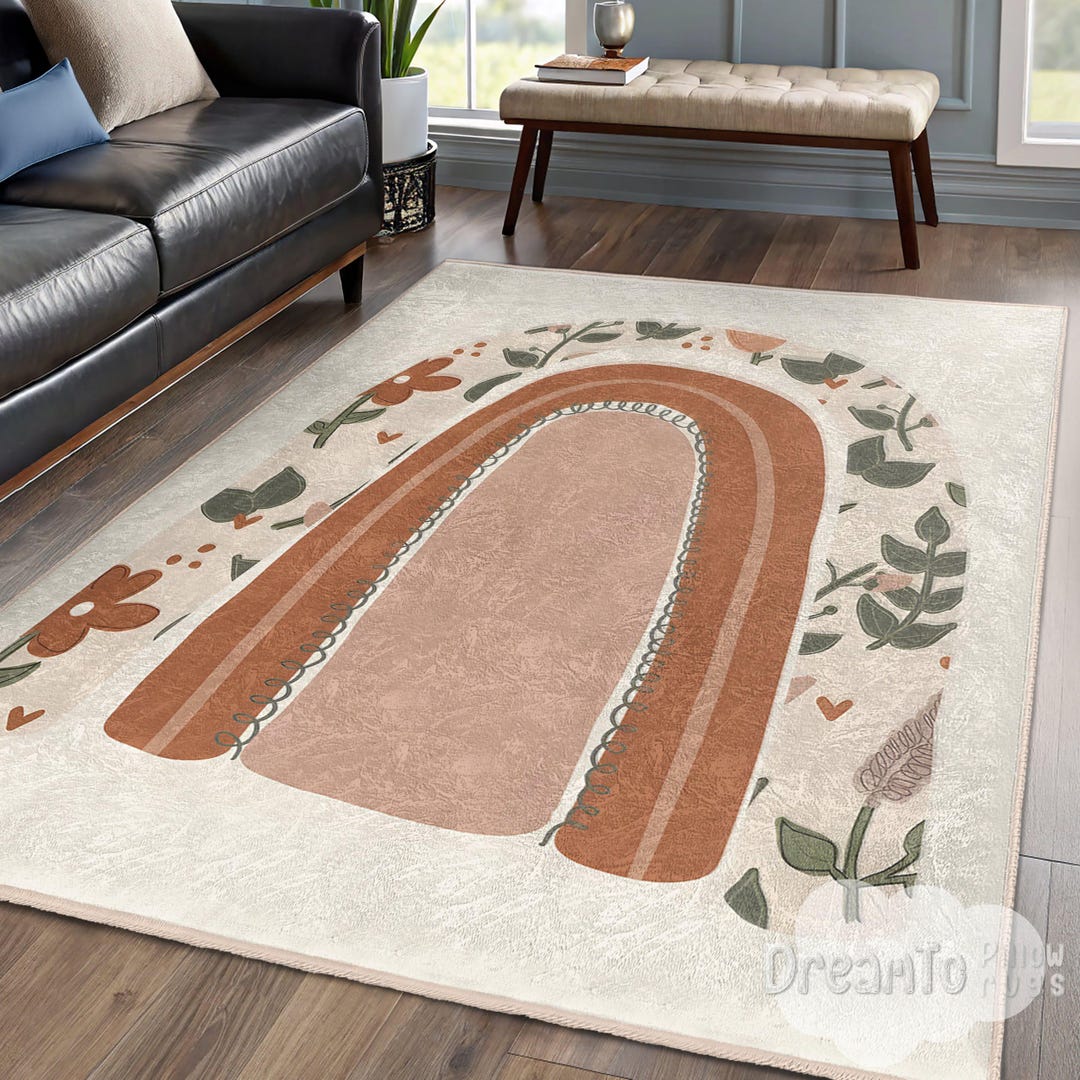 Botanical Rainbow Arch Terracotta Area Rug-floral Earthy Bohemian Decor ...
