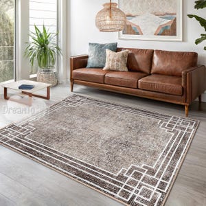Geometric Beige Brown Border Area Rug- Neutrals Accent Carpet-Modern Elegant Room Decor Runner-Minimalist Rectangular Simple Mat
