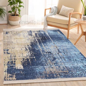 Modern Abstract Navy Gold Area Rug-elegant Brushstroke Blue Decor ...