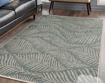 Tropical Palm Leaf Green Area Rug,Beige Botanical Paradise Bedroom Mat,Elegant Jungle Frond Runner, Nature Inspired Washable Rug