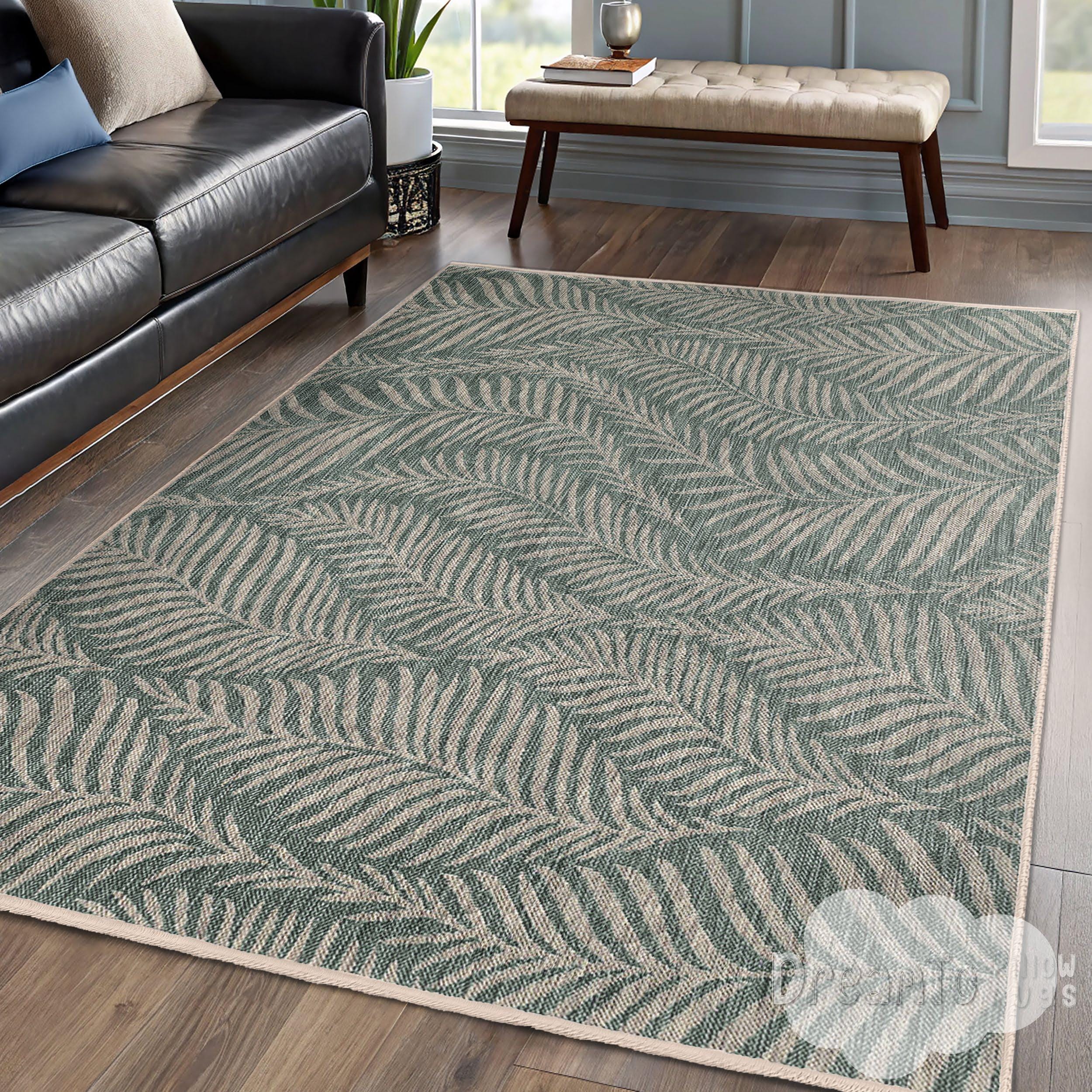 Tropical Palm Leaf Green Area Rug,Beige Botanical Paradise Bedroom Mat,Elegant Jungle Frond Runner, Nature Inspired Washable Rug