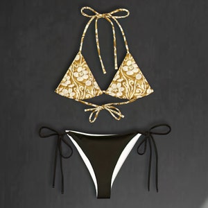 Nugget Yellow And Dark Green Tie Side Bikini, Original Flower Pattern Womens String Beach Wear, Ladies Poolside And Swimwear, Size XS 6XL image 6