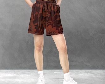 Cherry Red And Cognac Orange Ladies Mesh Shorts, Original Floral Print, Womens Active Wear, Girls Elastic Waist Sports Kit, Size 2XS - 6XL