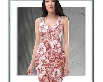 Blush Red Bodycon Dress, Ladies Mid-Thigh, Womens Original Floral Design Figure Hugging Casual-wear, Size XS - XL