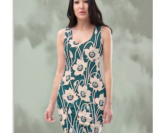 Midnight Green Bodycon Dress, Ladies Mid-Thigh, Womens Original Floral Design Figure Hugging Casual-wear, Size XS - XL