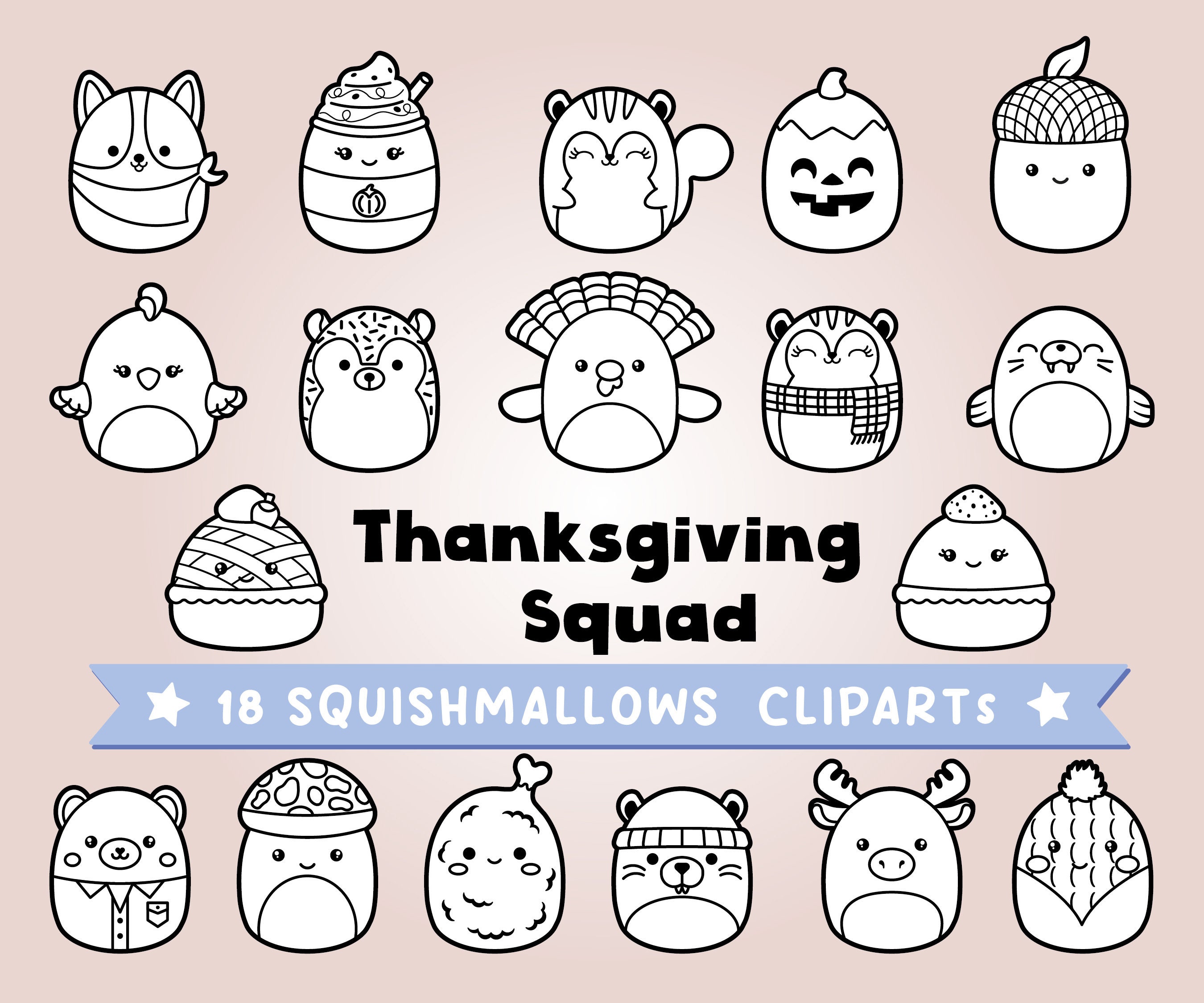 Adorable Thanksgiving Squishmallow Squad - Printable Black and White ...