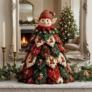 Op de afbeelding: Een pluche elfpop met een puntmuts, voorzien van een gelaagd stoffen lichaam opgebouwd uit ruitvormige lappen in de kleuren rood, groen en crème. De stof is bedrukt met patronen van kerstsokken, rendieren en zuurstokken.