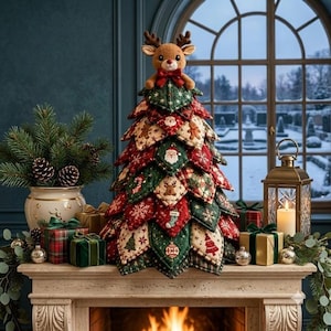 Peut inclure: Une décoration de sapin de Noël en tissu composée de patchs matelassés superposés en rouge, vert et crème avec des motifs festifs comme le Père Noël, des rennes et des flocons, surmontée d'une figurine de renne en peluche sur une cheminée.