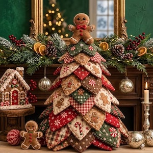 May include: A decorative fabric Christmas tree constructed from layered, quilted triangular patches in red, green, and beige. The tree features gingerbread man, candy cane, and peppermint patterns, topped with a plush gingerbread man figure.
