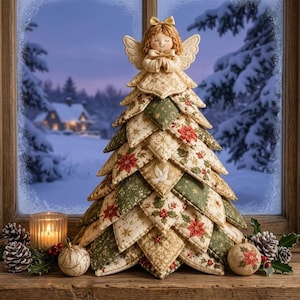 May include: A fabric Christmas tree ornament featuring layered, quilted triangular patches in shades of green, cream, and gold, decorated with poinsettia, holly, and dove motifs. A small angel figurine with wings and a bow sits at the very top.